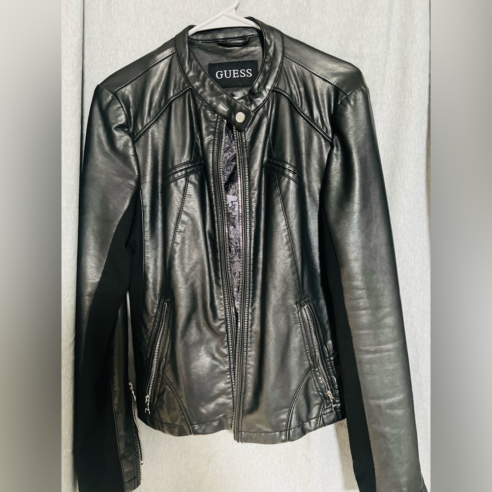 GUESS Faux leather black zip up jacket.  Size Large
